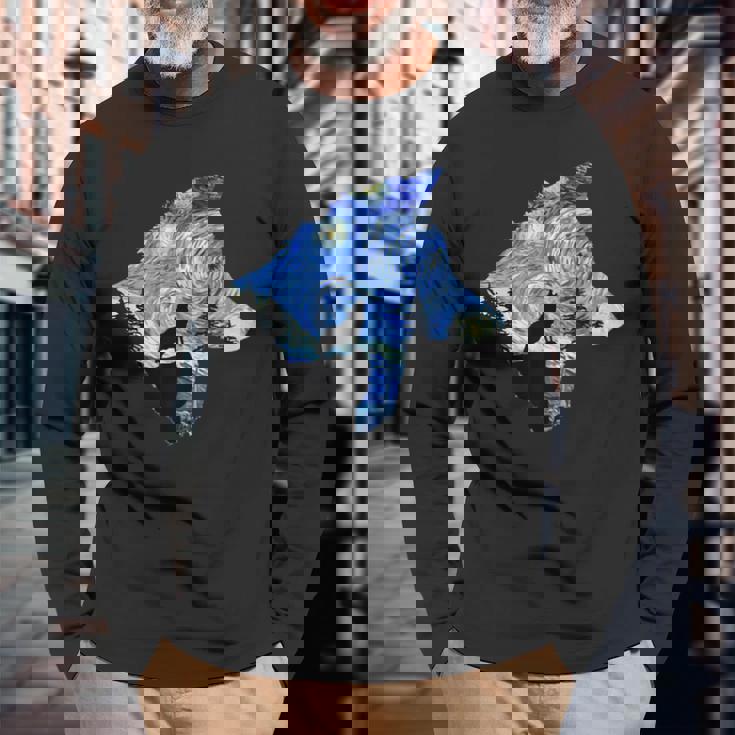 ヴィンセント・ヴァン・ゴッホ作 星月夜狼 有名な絵画 長袖Tシャツ 高齢者への贈り物