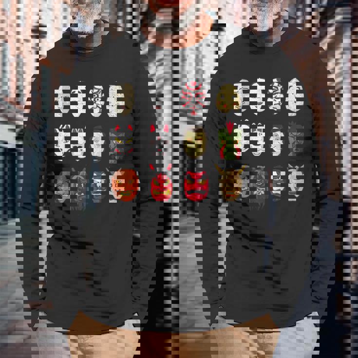 ヴィンテージ グラフィカル 日本 アート 天狗 きつね ひょっとこ マスク 長袖Tシャツ 高齢者への贈り物