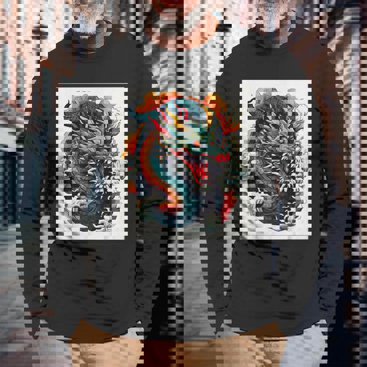 ヴィンテージ タトゥー アート ドラゴン 長袖Tシャツ 高齢者への贈り物