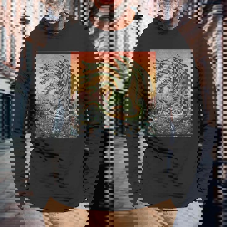 ヴィンテージ ドラゴンキング ギドラ アート 夕日 日本人 キッズ 男性 長袖Tシャツ 高齢者への贈り物