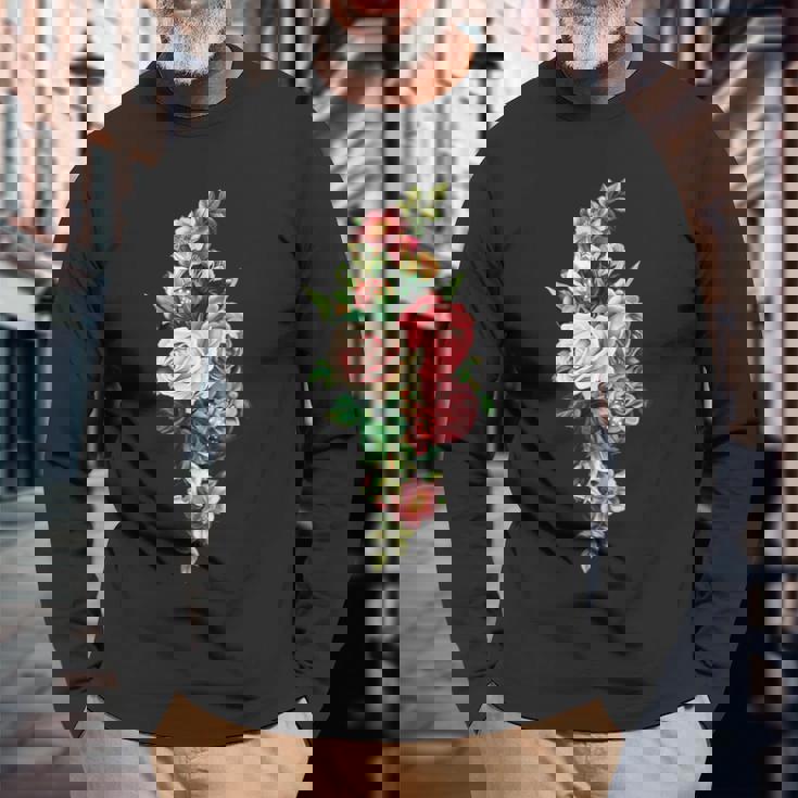 ヴィンテージ フローラル ボタニカル ピンク レッド ホワイト ローズ 長袖Tシャツ 高齢者への贈り物