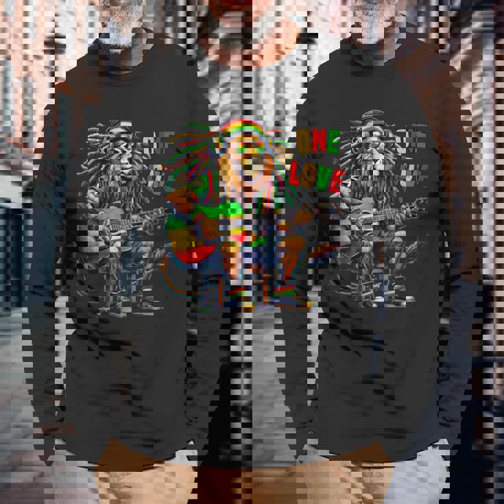 ヴィンテージ ラスタ ライオン レゲエ 音楽 One Loveibe ギター グラフィック 長袖Tシャツ 高齢者への贈り物