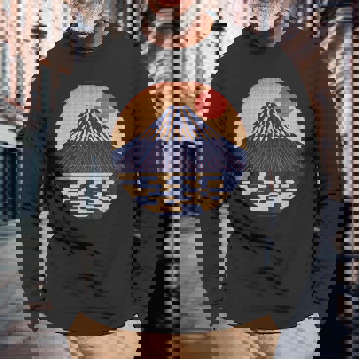 ヴィンテージ 和 富士山 山の上の日本の舞う太陽 長袖Tシャツ 高齢者への贈り物