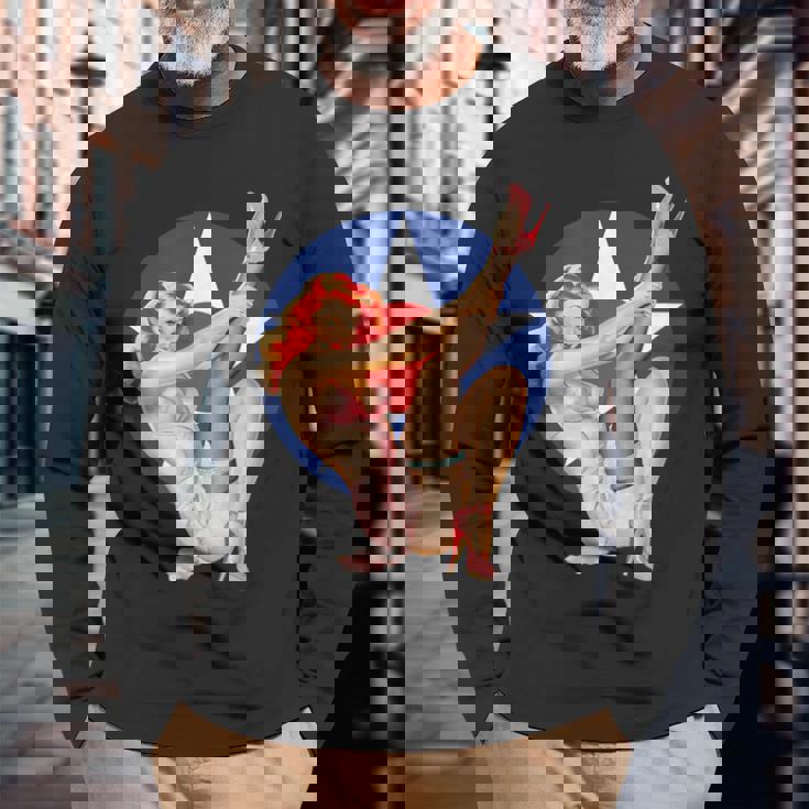 ヴィンテージ 愛国心ピンナップガール 長袖Tシャツ 高齢者への贈り物