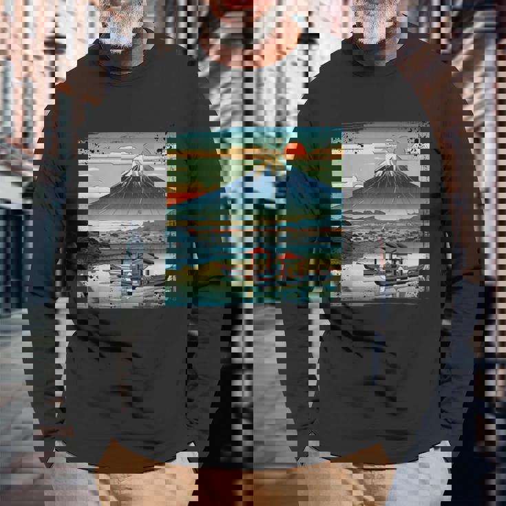 ヴィンテージ 日本の富士山 山に昇る太陽 長袖Tシャツ 高齢者への贈り物