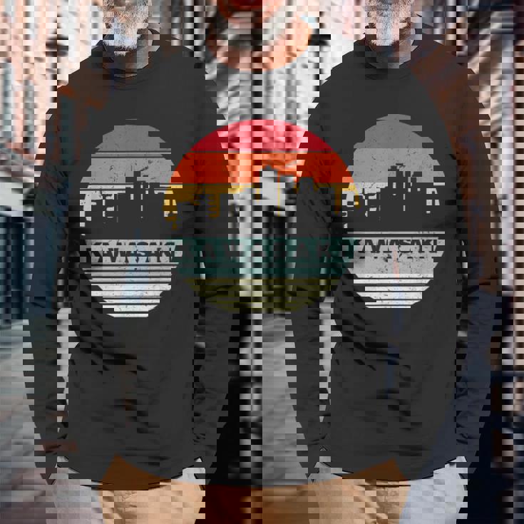 ヴィンテージカワサキスカイラインシルエット 長袖Tシャツ 高齢者への贈り物