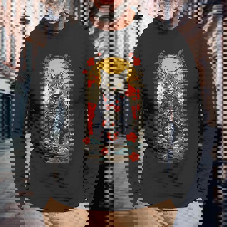 ヴィンテージジャパンの日本酒の猫ポスターデザイン。 長袖Tシャツ 高齢者への贈り物