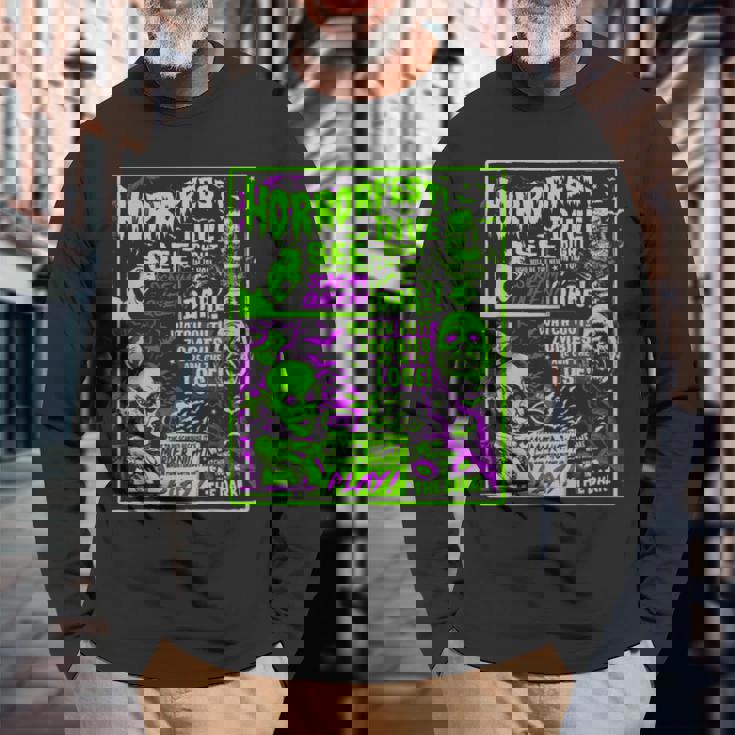 ヴィンテージホラーフェス ハロウィン映画ポスター オールドタイムホラー 長袖Tシャツ 高齢者への贈り物