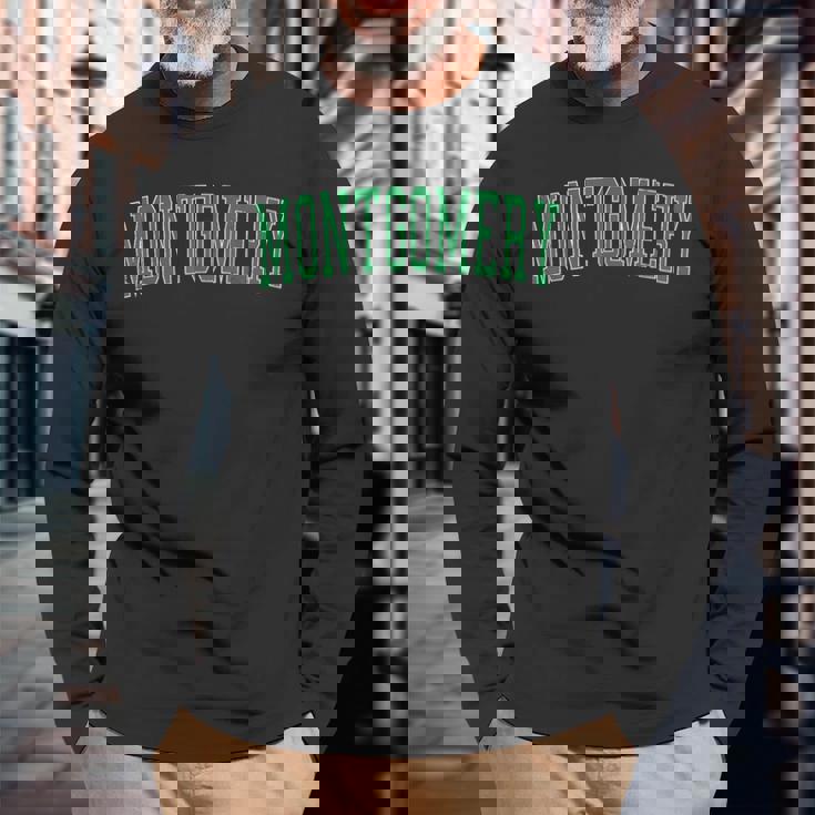 ヴィンテージモンゴメリーilアンティーク調グリーンバーシティスタイル 長袖Tシャツ 高齢者への贈り物