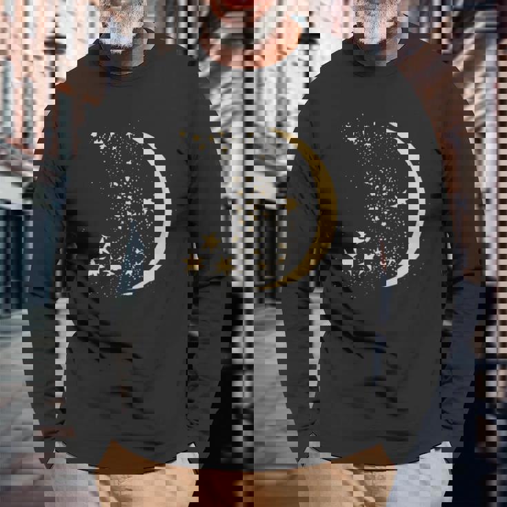 ヴィンテージ三日月と星宇宙アートイラストtシャツ 長袖Tシャツ 高齢者への贈り物