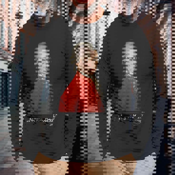 ヴォルフガング・アマデウス・モーツァルト 作曲家 シグネチャー クラシック音楽 長袖Tシャツ 高齢者への贈り物