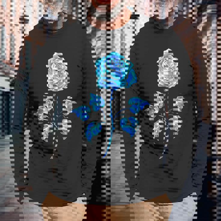 一輪挿し 青いバラ かわいい 青いバラ 花 ガーデニング 長袖Tシャツ 高齢者への贈り物