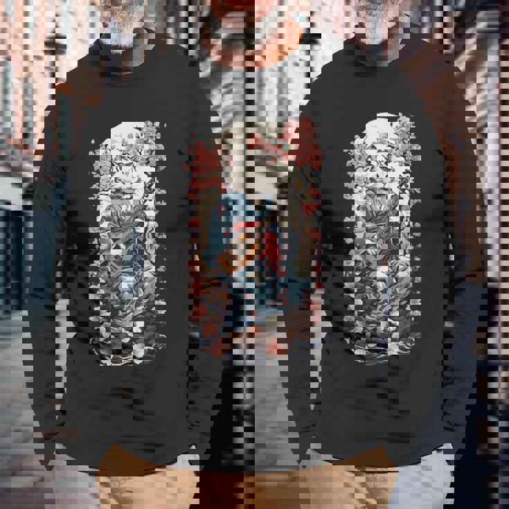 三味線猫 ヴィンテージ 日本 鬼 デザイン 長袖Tシャツ 高齢者への贈り物