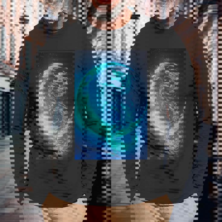 三日月のドラゴン ブルーギャラクシー天文学 アート 長袖Tシャツ 高齢者への贈り物