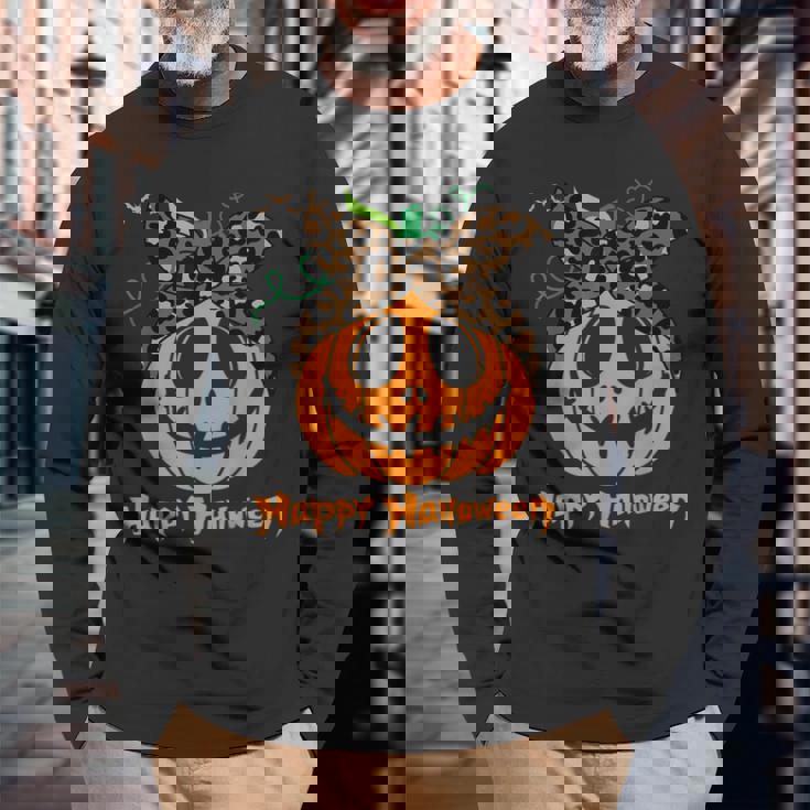 不気味なカボチャ ヒョウ柄 乱雑なお団子 ハロウィン 面白い 長袖Tシャツ 高齢者への贈り物