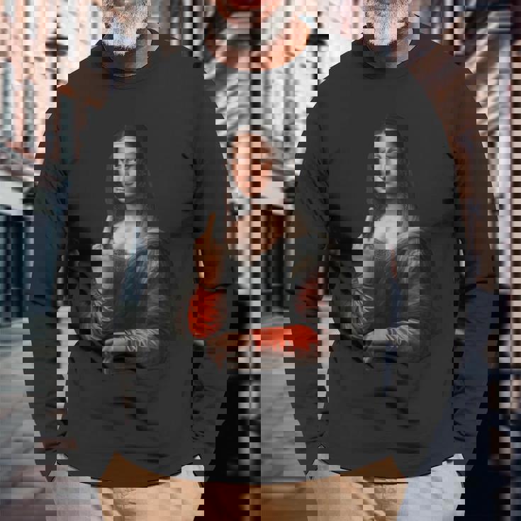 中指軽量グラフィックのモナリザ 長袖Tシャツ 高齢者への贈り物