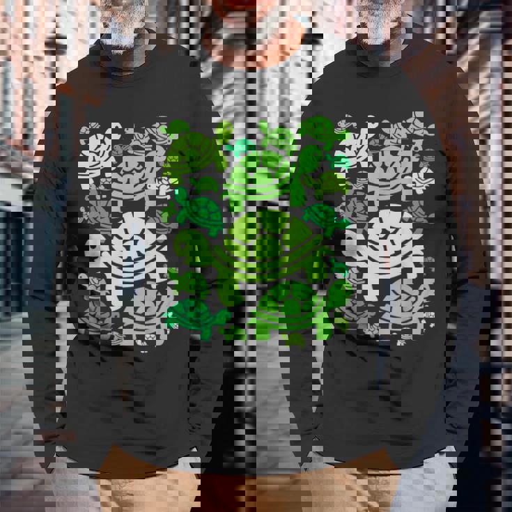 亀柄 カートゥーン アウトライン 面白いカメ 長袖Tシャツ 高齢者への贈り物