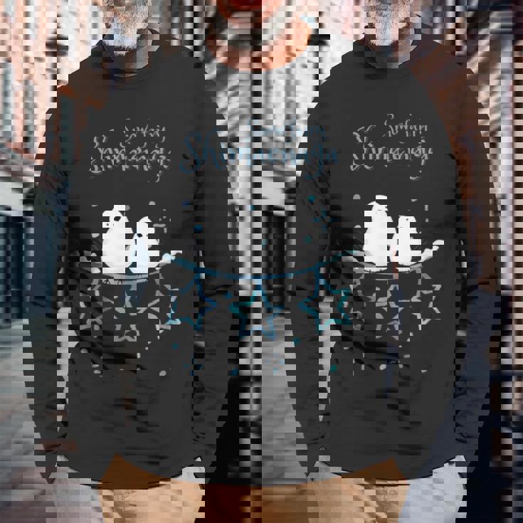 人気話題 シマエナガの親子 雪 雪の結晶 妖精 北海道 日本の野鳥 星 白い小鳥 星 長袖Tシャツ 高齢者への贈り物