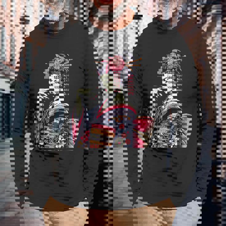 伝統的な着物のエレガントな日本の芸者のイラスト 長袖Tシャツ 高齢者への贈り物