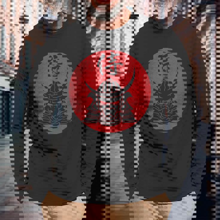 侍の戦士の兜日本の漢字-黒 長袖Tシャツ 高齢者への贈り物