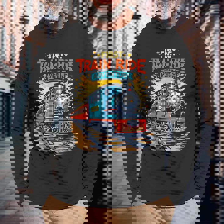 初電車 乗る 鉄道 アドベンチャー 風景 旅行 メモリーギア 長袖Tシャツ 高齢者への贈り物