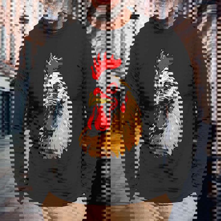 動物愛好家のための大胆な農場の鶏の頭のアート 長袖Tシャツ 高齢者への贈り物