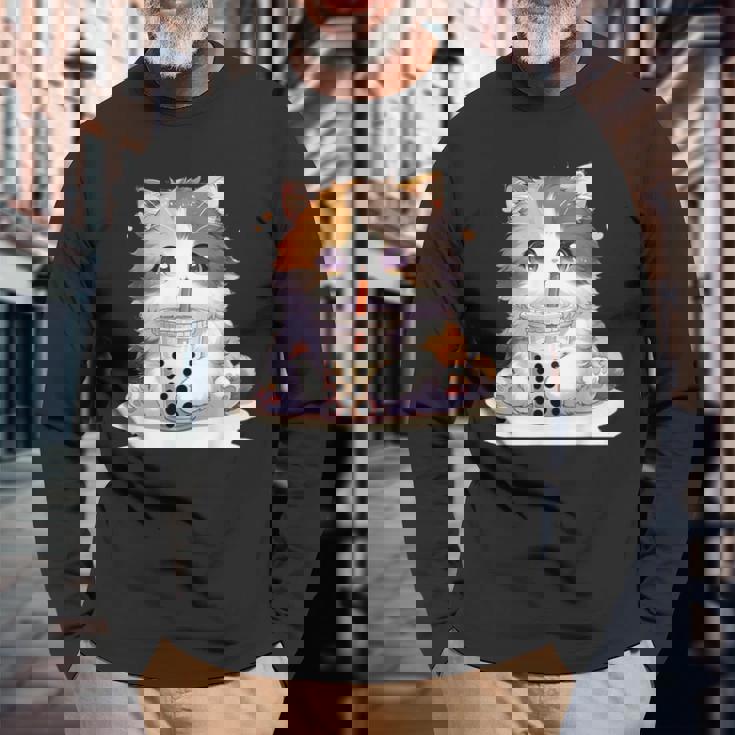 原宿竹下通りの可愛い子猫 アニメ好き オタクを癒すタピオカ茶 長袖Tシャツ 高齢者への贈り物