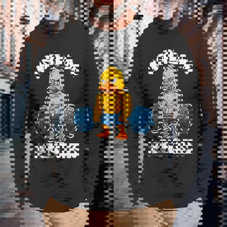 取り付け 筋肉 アヒル ウェイトリフティング フィットネス ジム 男の子 男性 長袖Tシャツ 高齢者への贈り物