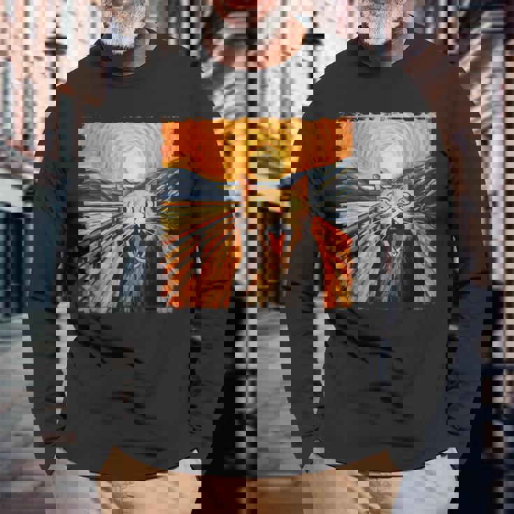 叫ぶ猫、エドヴァルド・ムンク風、面白い猫 長袖Tシャツ 高齢者への贈り物