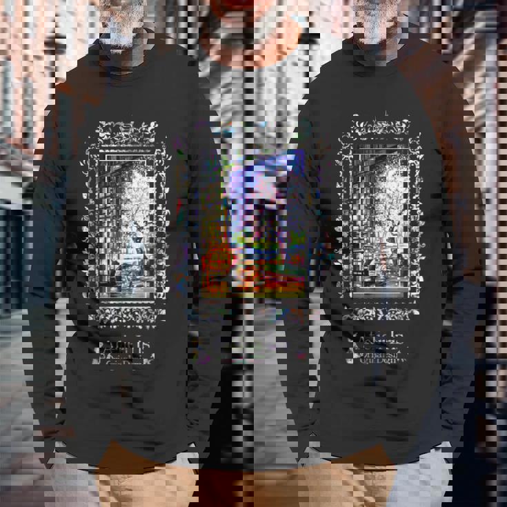 和みの夜桜 猫 金魚 長袖Tシャツ 高齢者への贈り物