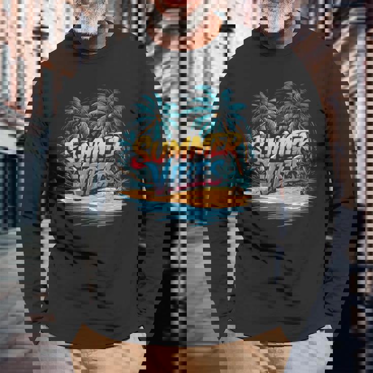 夏 バイブ トロピカル ビーチ ヤシの木 オーシャン サンシャイン 長袖Tシャツ 高齢者への贈り物