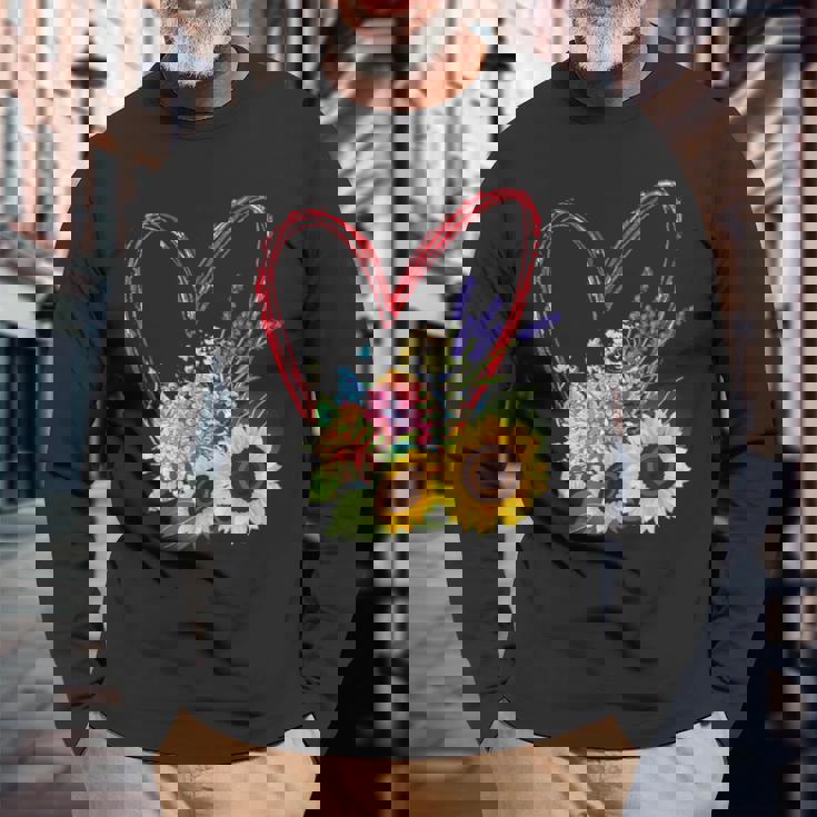 夏の花のデザイン、ひまわり、ラベンダー、アジサイ 長袖Tシャツ 高齢者への贈り物