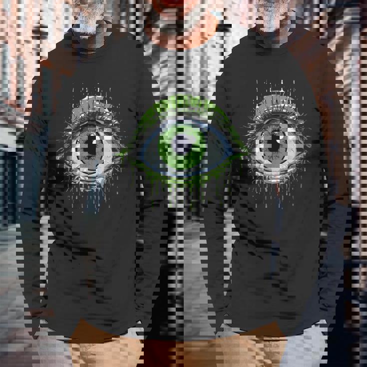 大きな緑の目玉 長袖Tシャツ 高齢者への贈り物