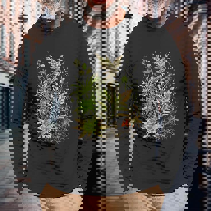 大麻植物とつぼみ 420 草 麻 サティバ インディカ ポットヘッド 長袖Tシャツ 高齢者への贈り物