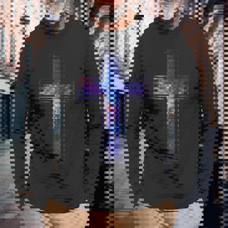 天空のシルエット信仰星銀河クリスチャンクロス 長袖Tシャツ 高齢者への贈り物