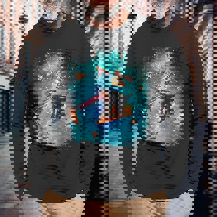 宇宙 レーザー目 猫 ピザに乗る猫 ギャラクシーキャット 長袖Tシャツ 高齢者への贈り物