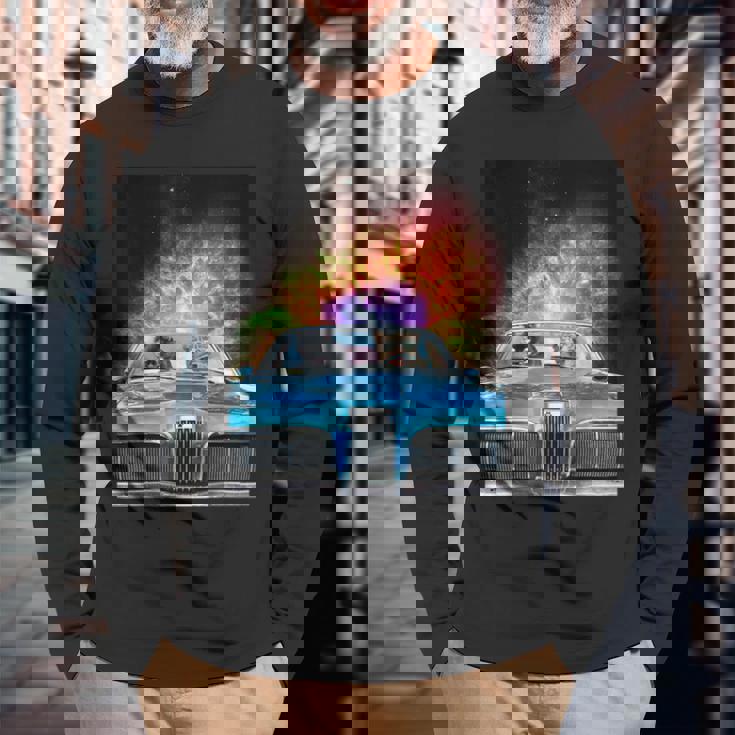 宇宙 銀河 猫 運転 車 長袖Tシャツ 高齢者への贈り物