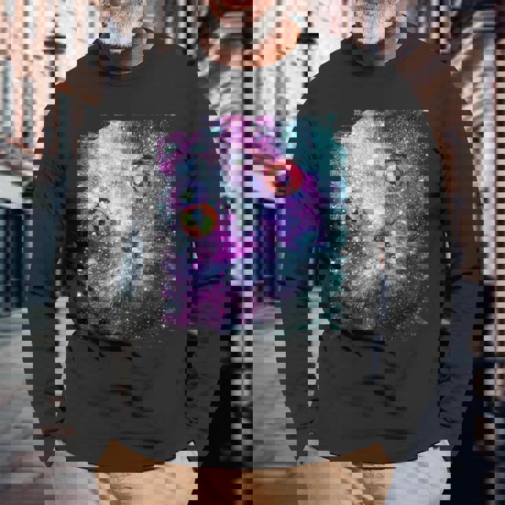 宇宙のかわいいアストロ宇宙猫 長袖Tシャツ 高齢者への贈り物