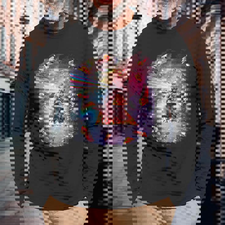 宇宙ピザ猫-レインボーレーザー、タコス、ブリトー 長袖Tシャツ 高齢者への贈り物