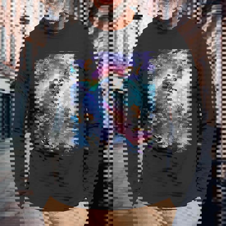 宇宙猫 乗馬サメ ギャラクシー レインボーキャット オンシャークス 長袖Tシャツ 高齢者への贈り物