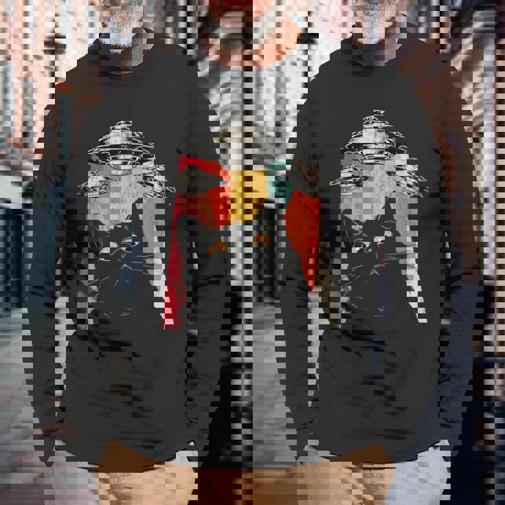 宇宙船 宇宙人 猫 Ufo 黒猫 面白い 長袖Tシャツ 高齢者への贈り物