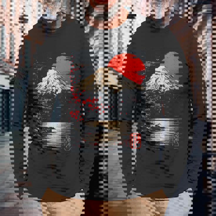 富士山と桜の至福 ヴィンテージ日本美術フュージョンtシャツ 長袖Tシャツ 高齢者への贈り物