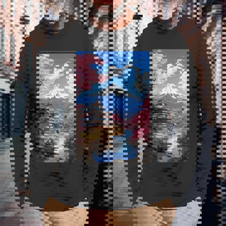 寺と富士山のある日本の風景 長袖Tシャツ 高齢者への贈り物