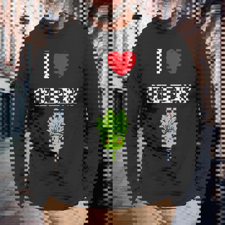 小さな野菜 セロリ ミニマリスト かわいい シンプル セロリ I Love Celery 長袖Tシャツ 高齢者への贈り物