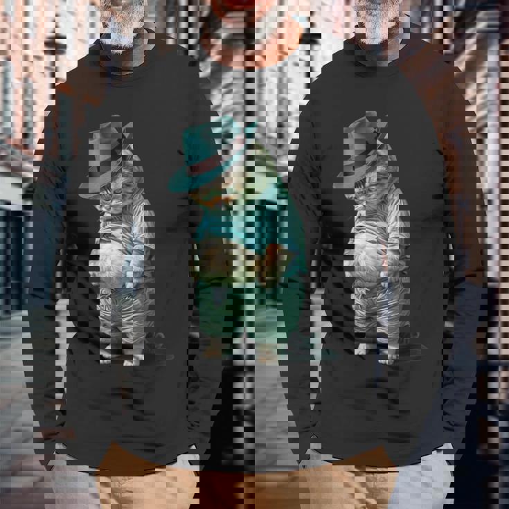 帽子をかぶった面白い太った猫 Ia アート デザイン太った子猫猫愛好家 長袖Tシャツ 高齢者への贈り物