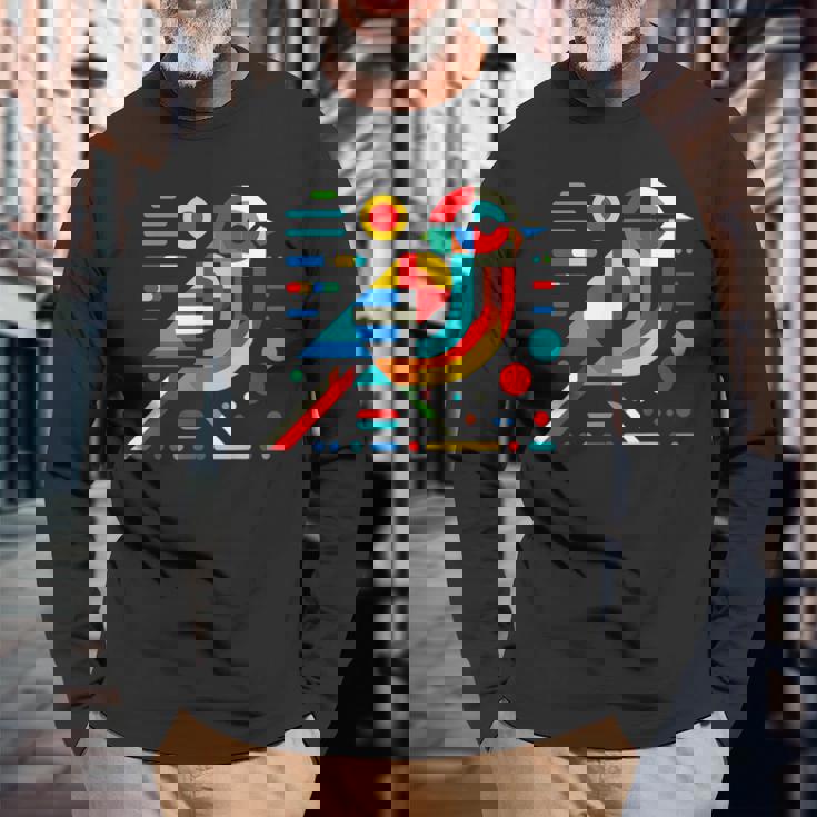 幾何学的 ミニマリズム モダン イラスト スズメ 鳥 アート 長袖Tシャツ 高齢者への贈り物