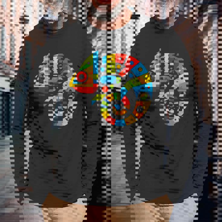 幾何学的ミニマリズム イラスト カメレオン 爬虫類 長袖Tシャツ 高齢者への贈り物