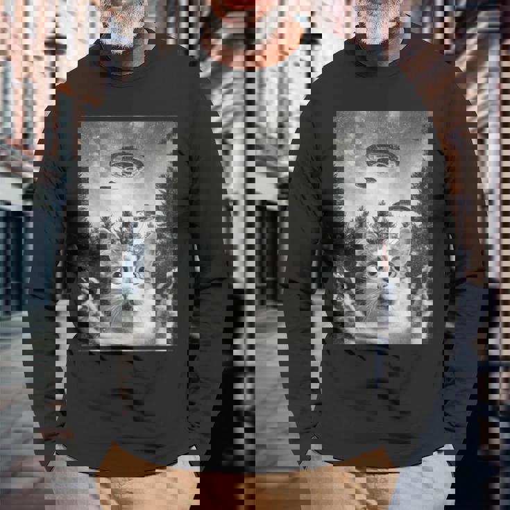 怖い猫 エイリアン Ufo 宇宙愛好家 面白い 長袖Tシャツ 高齢者への贈り物