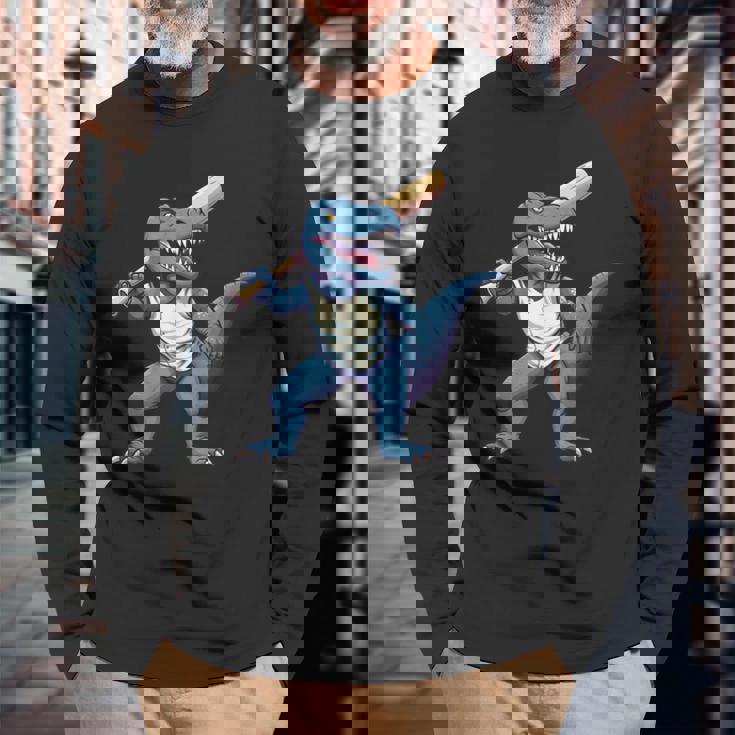 恐竜 野球 シーズン バット ボール パーク トレックス ディノ ホームラン ヒット 長袖Tシャツ 高齢者への贈り物