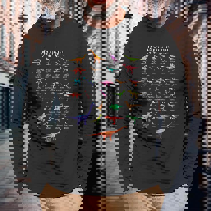 恐竜の種類 アルファベット A-Z Abc 恐竜 長袖Tシャツ 高齢者への贈り物